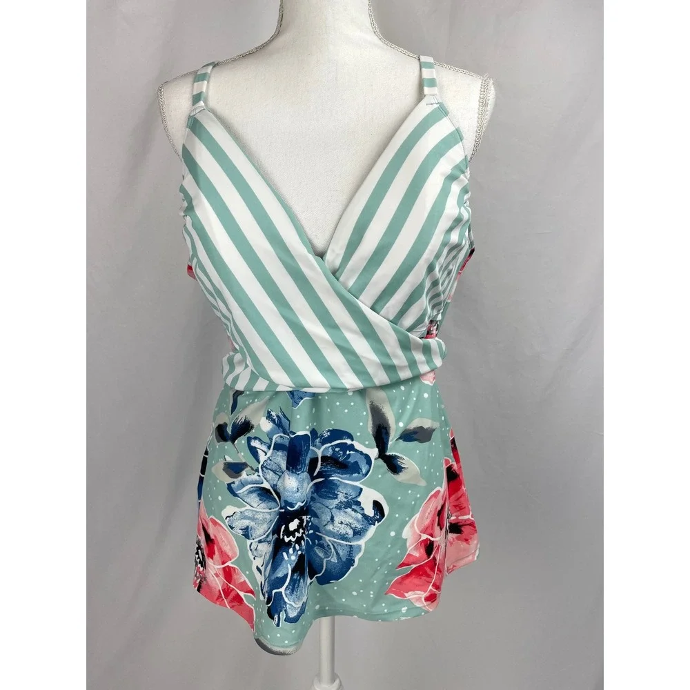 Cacique Women Size 18 Tankini Swimsuit Top Green Stripe Floral Wrap‎ Ties Padded